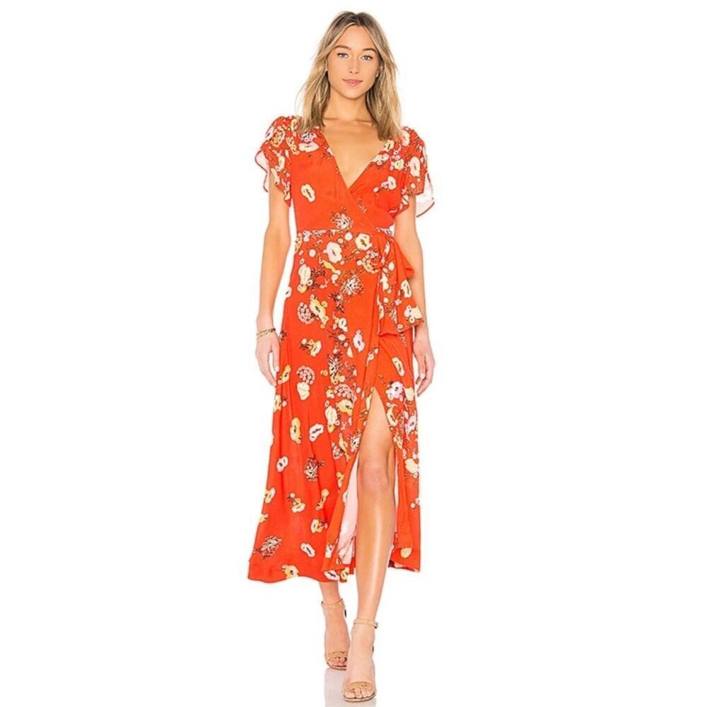 Free people Jess red maxi floral boho flutter sleeve wrap dress size XS